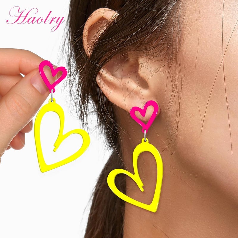 HOLYRY Neon Heart Earrings for Women Acrylic Neon Earrings 80s 90s Outfit for Women Glow Party Accessories Gifts Hot Pink Orange Green Yellow - Image 2